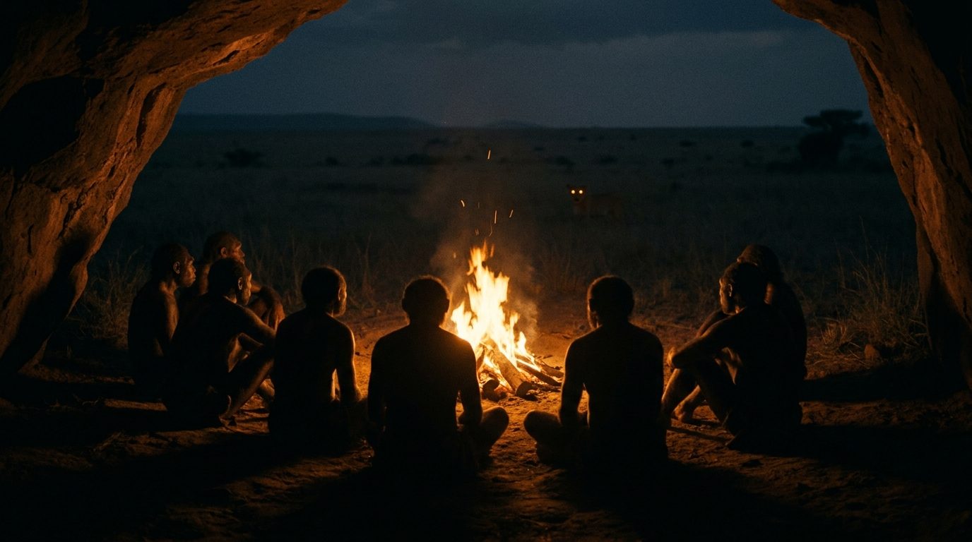 Grupo humano vigilando la oscuridad desde la entrada de una cueva, junto al fuego.