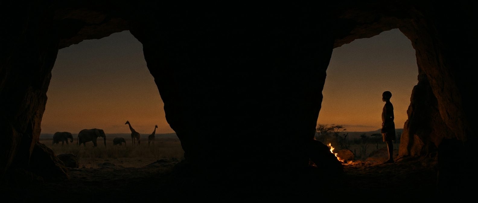 Desde el interior de una cueva con una pequeña hoguera, una persona observa elefantes y jirafas en la sabana al atardecer.