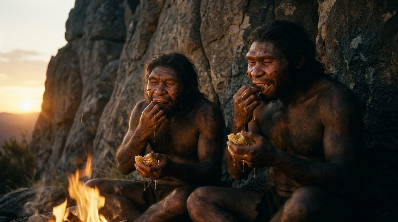 Hombres primitivos comen panales de miel sentados junto a una fogata al atardecer frente a una pared rocosa.