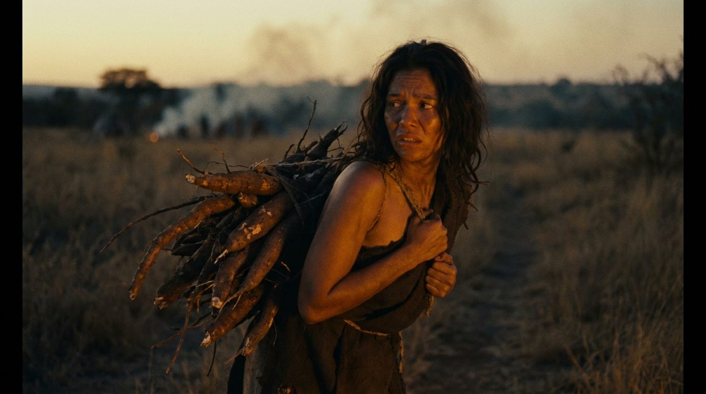 Una mujer con gesto preocupado camina por un terreno seco cargando un atado de yucas a la espalda al atardecer.