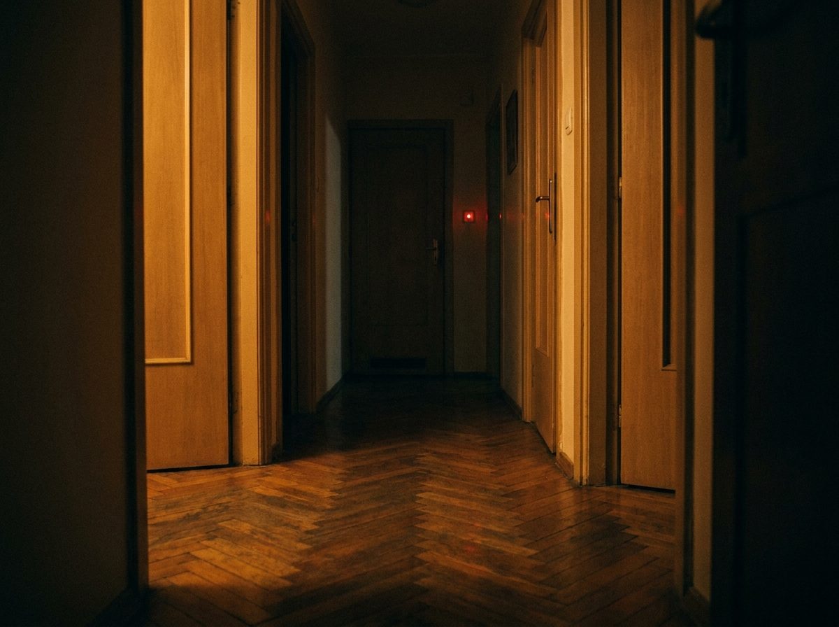 Pasillo de una casa con suelo de parqué de madera, puertas a ambos.