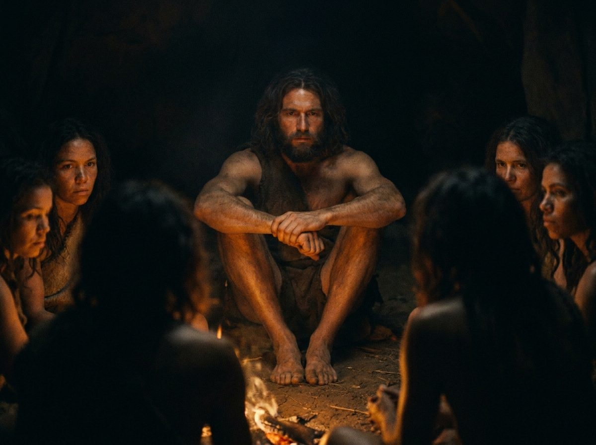 Un grupo de personas prehistóricas vestidas con pieles se reúnen sentadas en círculo alrededor de una fogata en una cueva.