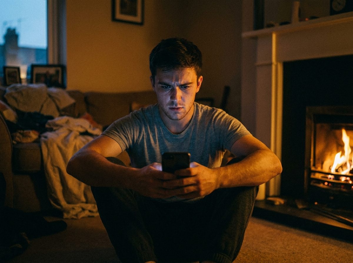 Un joven sentado en el suelo mira con expresión preocupada la pantalla de su teléfono móvil junto a una.