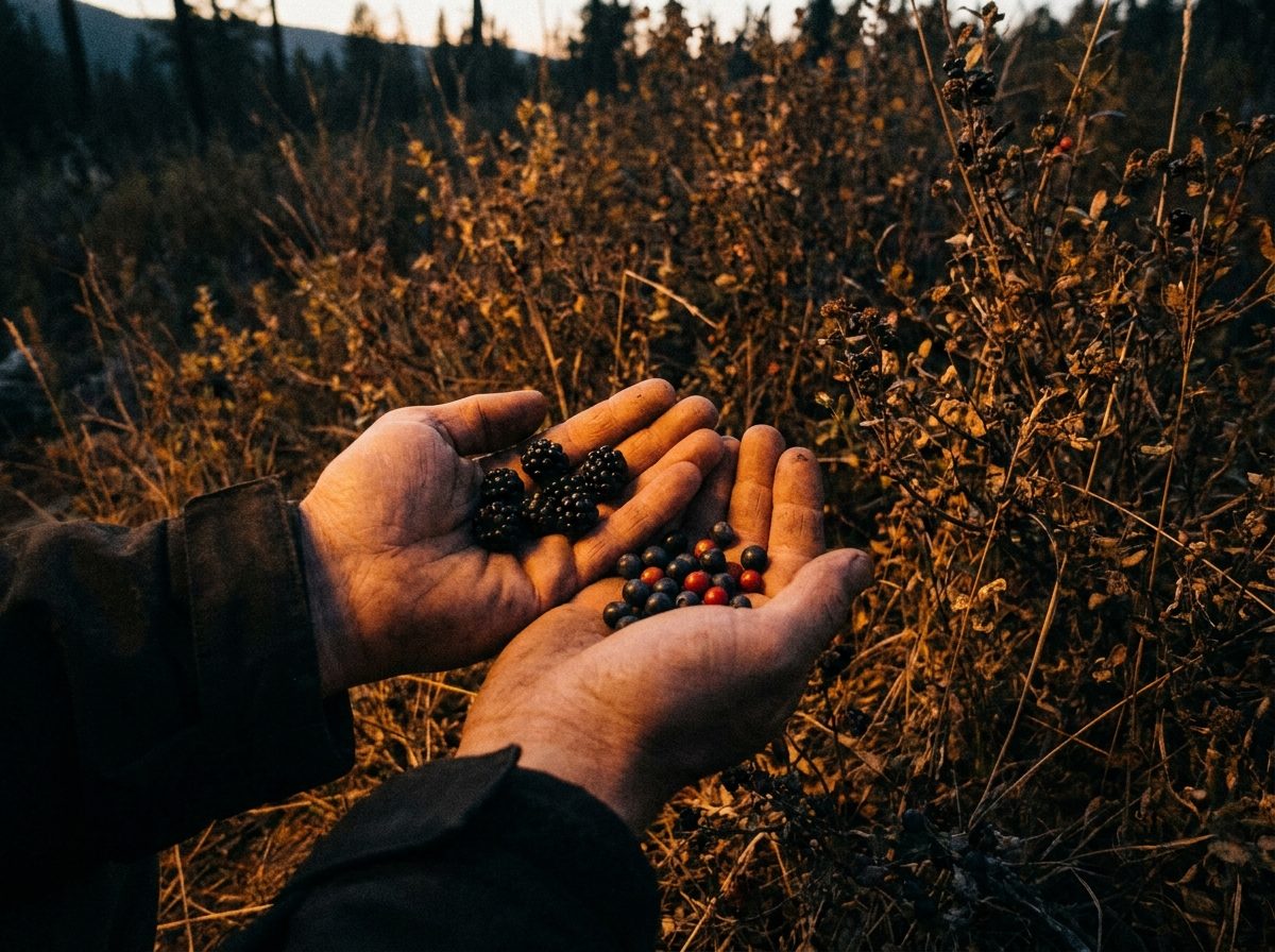 Dos manos sostienen moras y pequeñas bayas silvestres recién recolectadas frente a unos arb.
