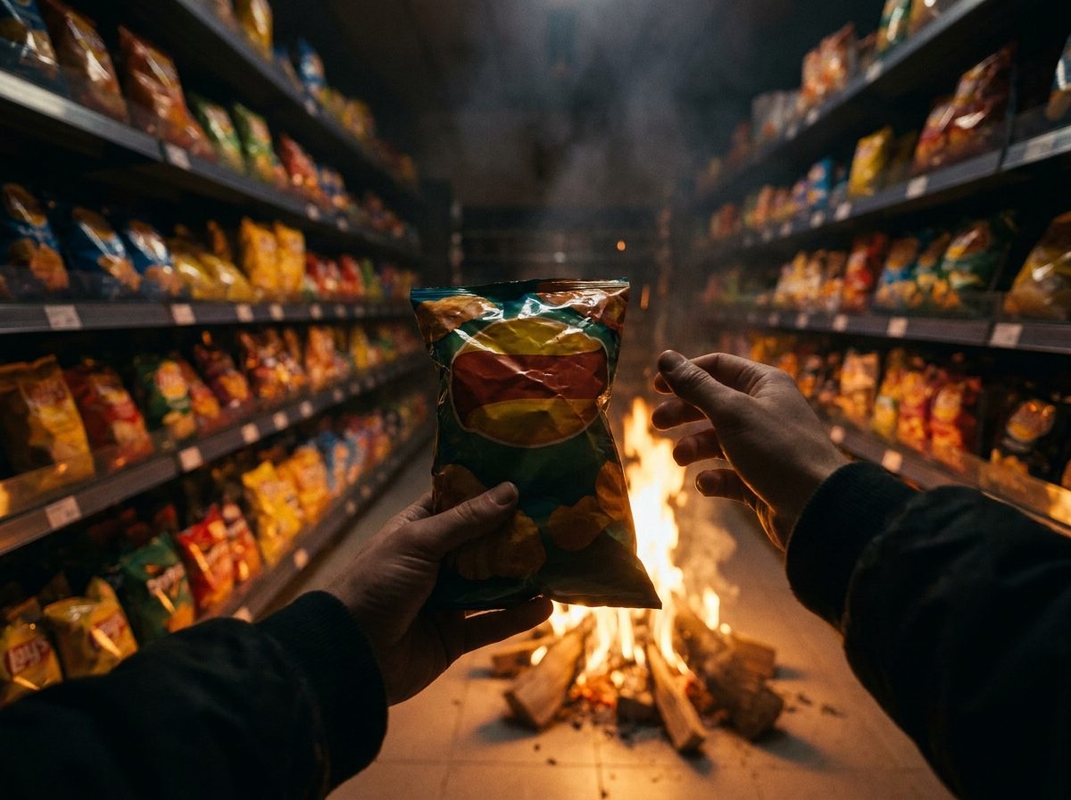 Una persona sostiene una bolsa de patatas fritas frente a una fogata encendida en el pasillo de un supermercado.