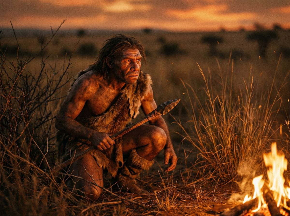 Un hombre prehistórico vestido con pieles se agacha junto a una fogata en la sabana.