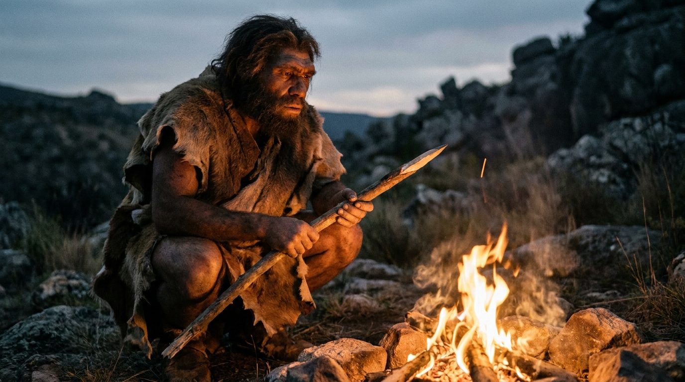 Un homo erectus agachado sostiene una rama afilada frente a una fogata encendida durante la noche.