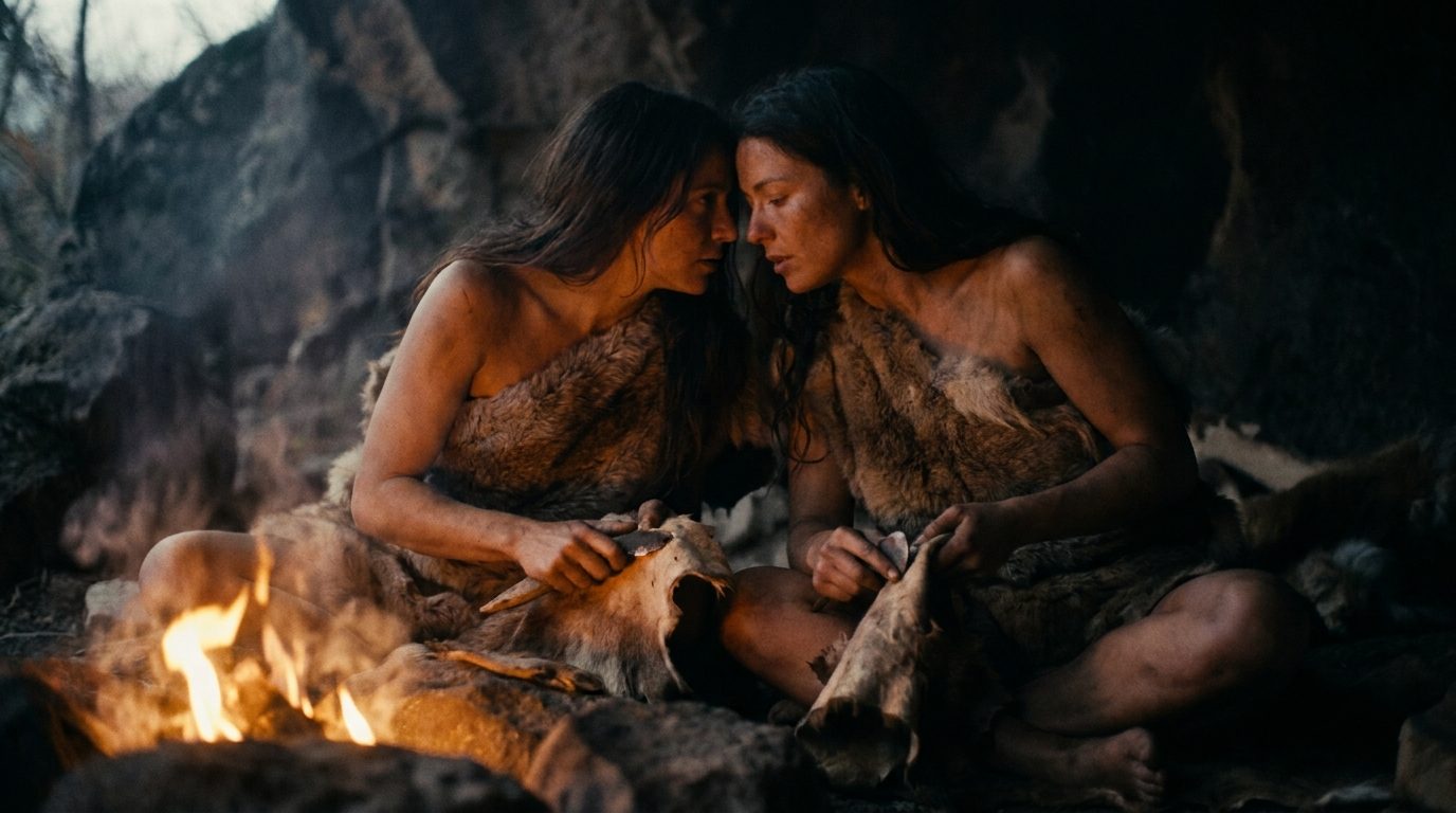 Dos mujeres paleolíticas sentadas junto al fuego raspando pieles y hablando en voz baja.